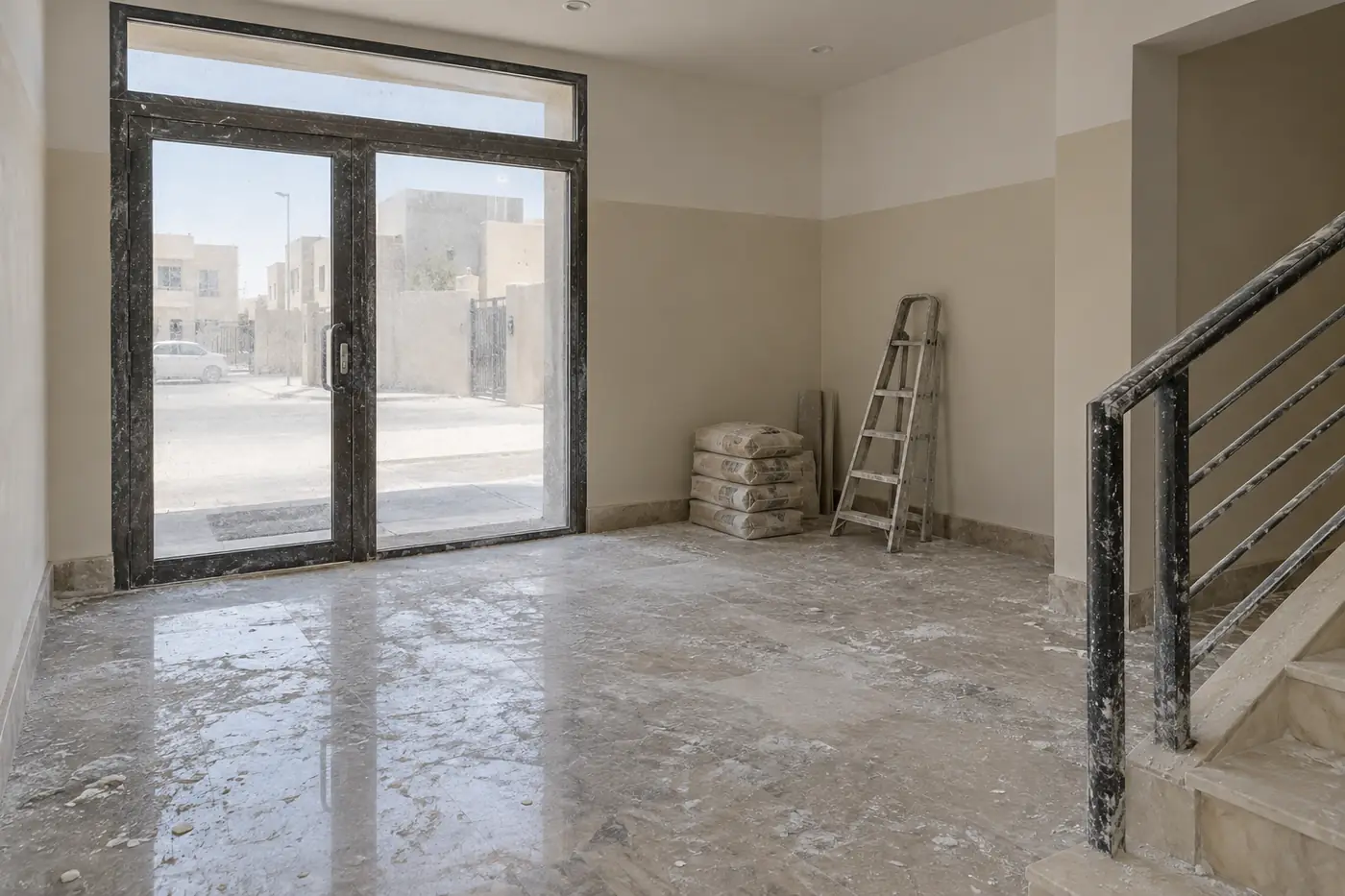 مدخل عمارة بعد الترميم والغبار والبقع على الرخام